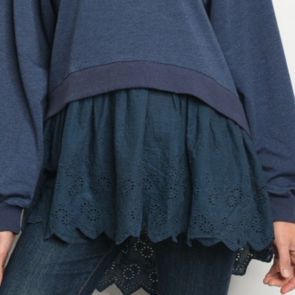 NINETY NINE Navy Long Sleeve Eyelet Trim Tunic Top - Picture 2 of 5